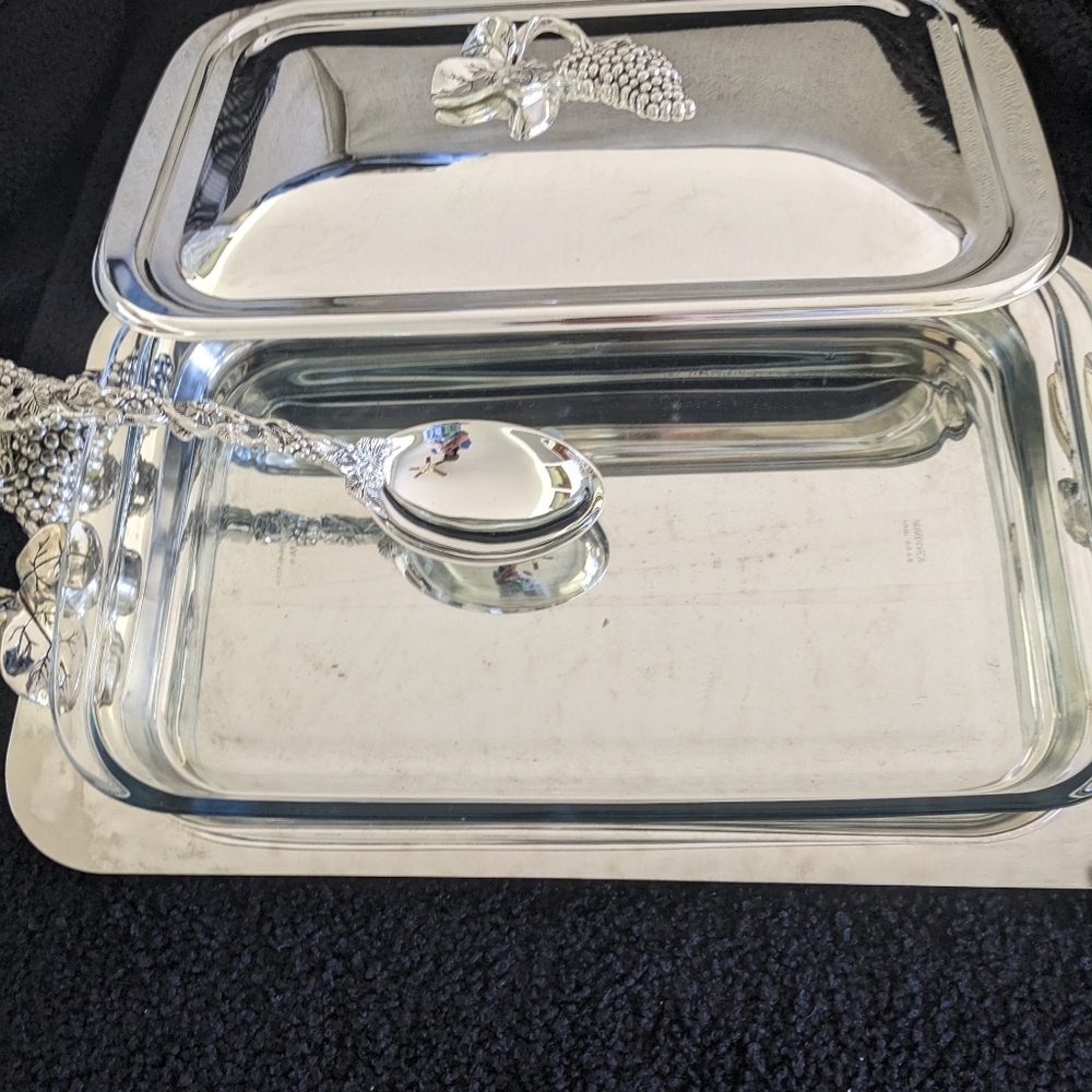 Elegant Silver Plated 3 QT. Grape Oblong Serving Dish with Tray, Lid and Spoon